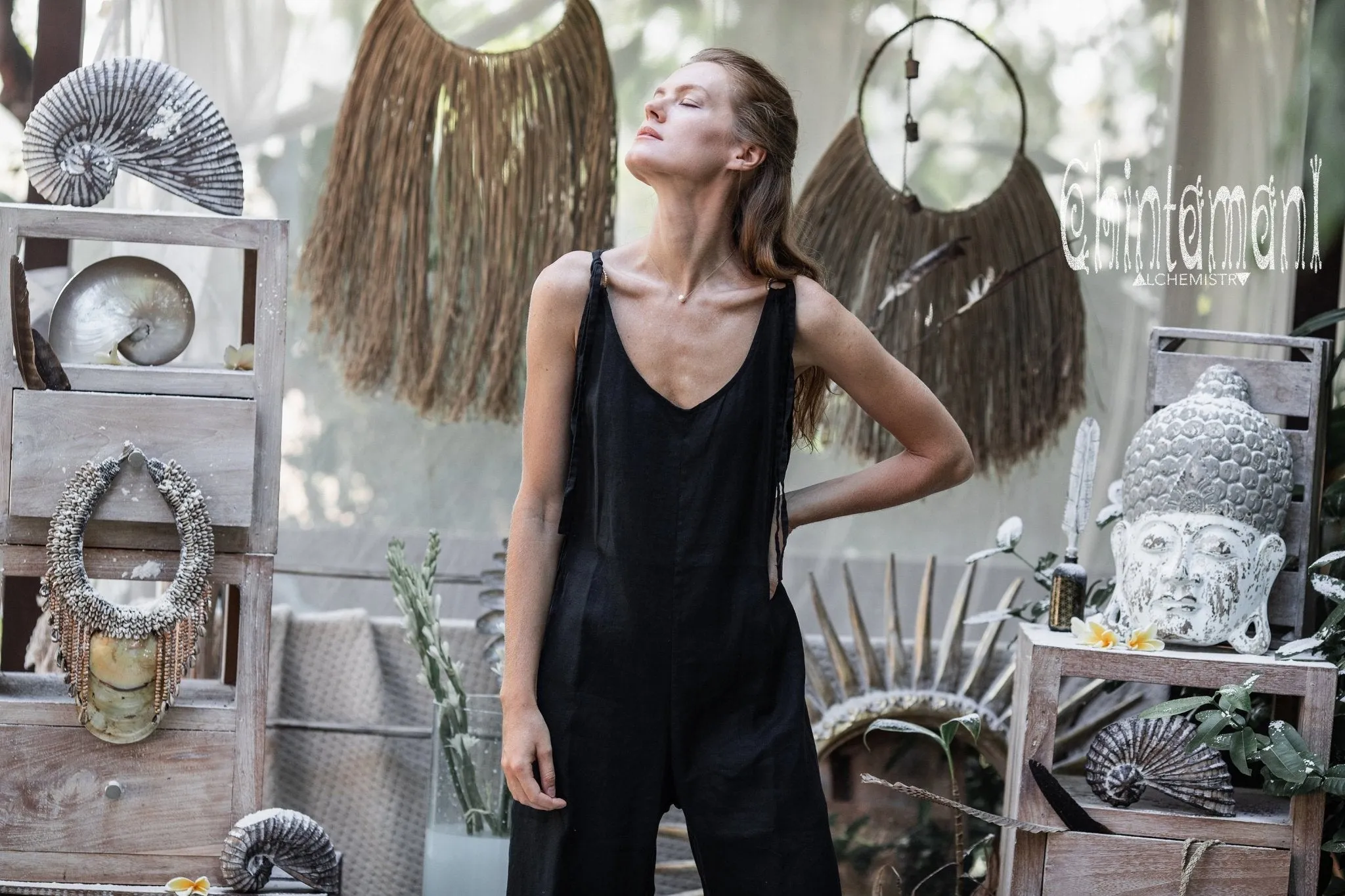 Long Linen Jumpsuit for Women / Maxi Overalls with Back Zip / Black