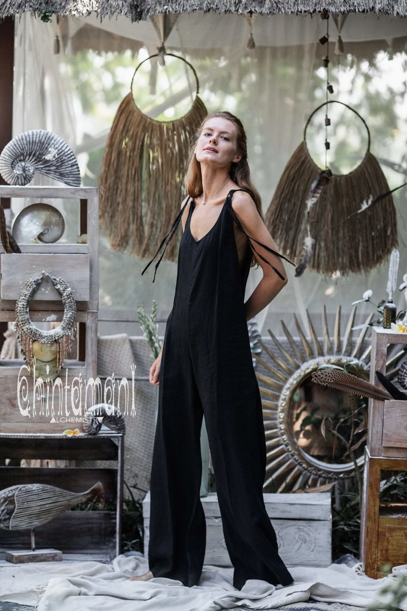 Long Linen Jumpsuit for Women / Maxi Overalls with Back Zip / Black