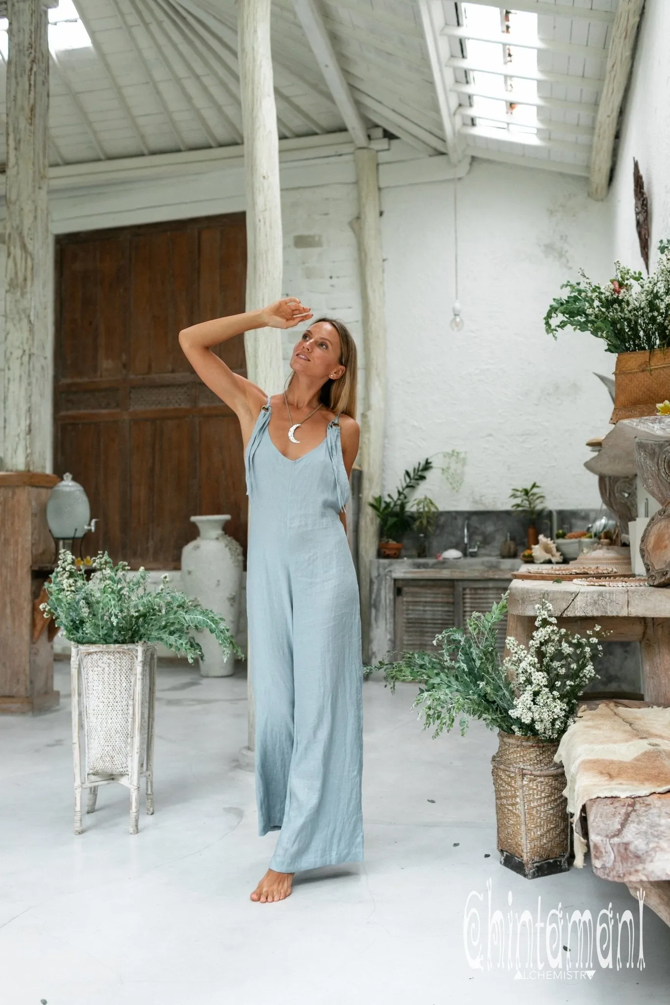 Long Linen Jumpsuit for Women / Maxi Overalls with Back Zip / Blue