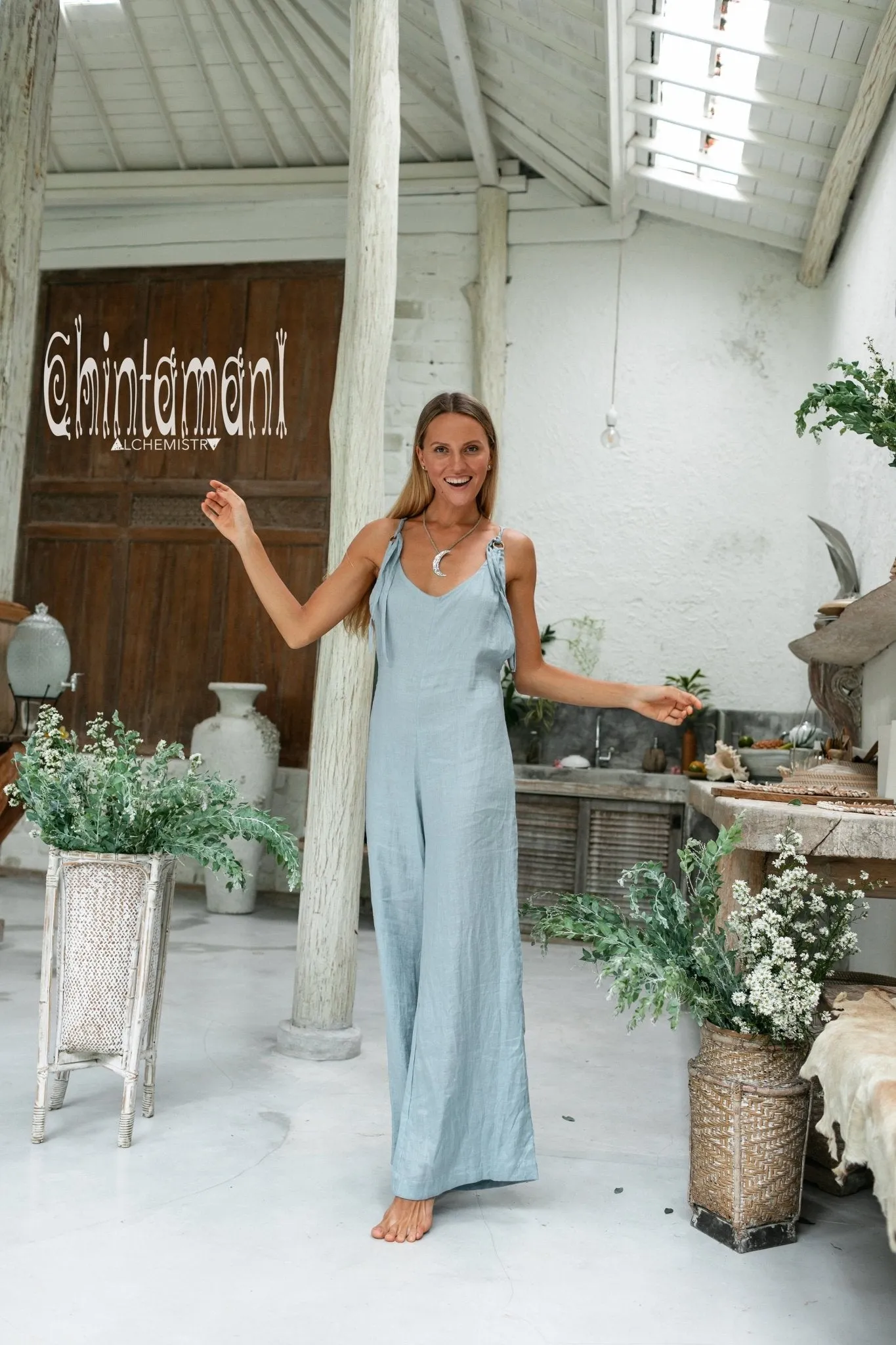 Long Linen Jumpsuit for Women / Maxi Overalls with Back Zip / Blue