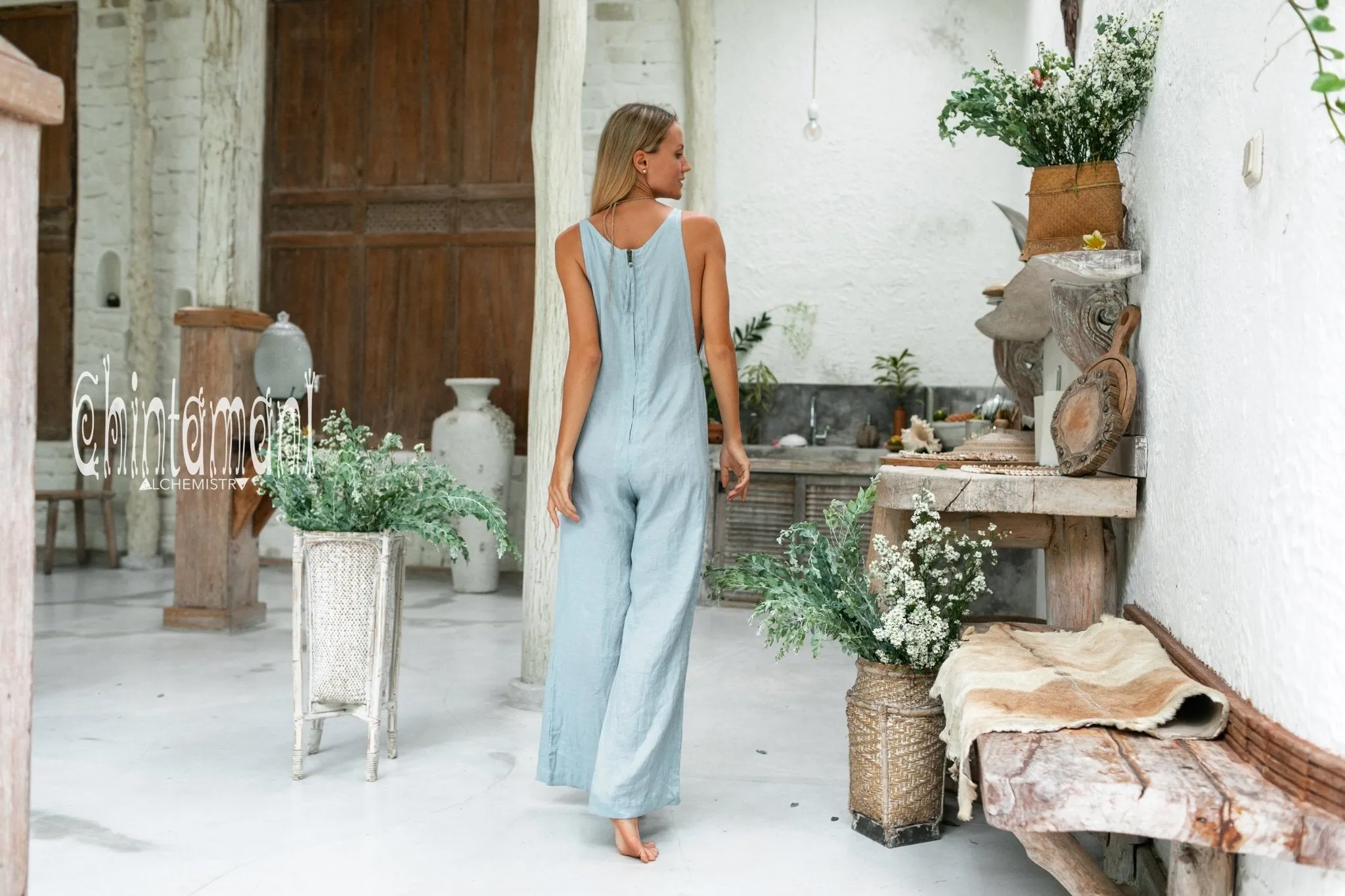 Long Linen Jumpsuit for Women / Maxi Overalls with Back Zip / Blue