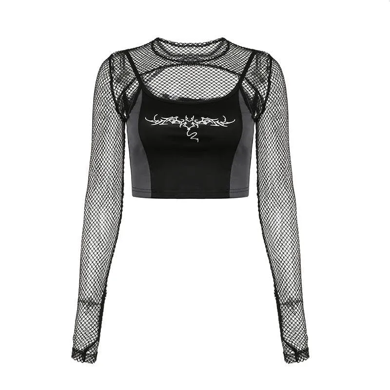 Long sleeve gloves fishnet print 2 piece crop top