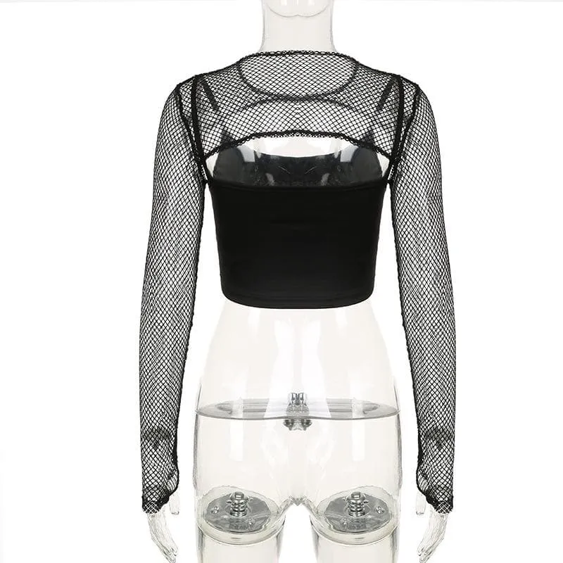 Long sleeve gloves fishnet print 2 piece crop top