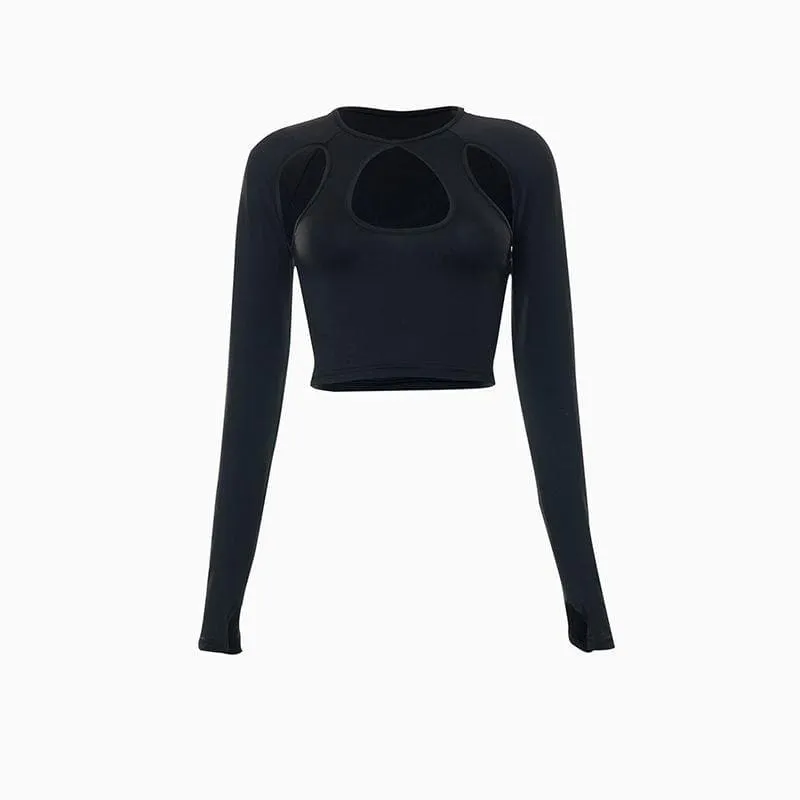 Long sleeve hollow out gloves solid crop cut out top