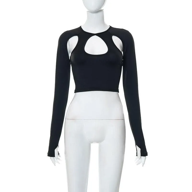 Long sleeve hollow out gloves solid crop cut out top