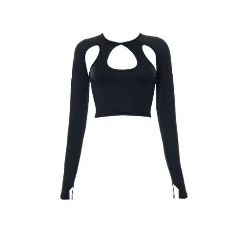 Long sleeve hollow out gloves solid crop cut out top