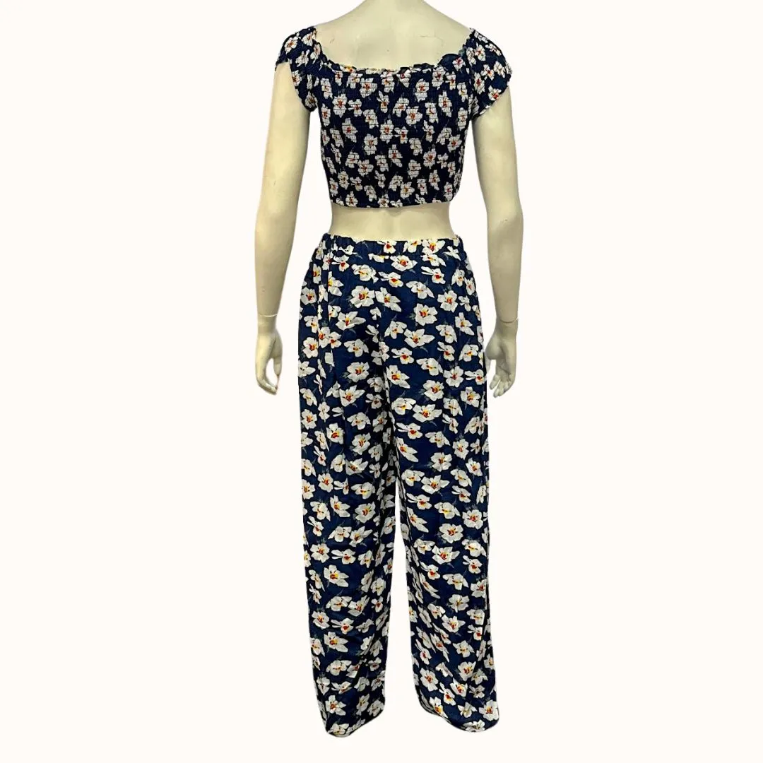 Lulus Flirty Flowers Navy Floral Print Smocked Two-Piece Jumpsuit, Size Large