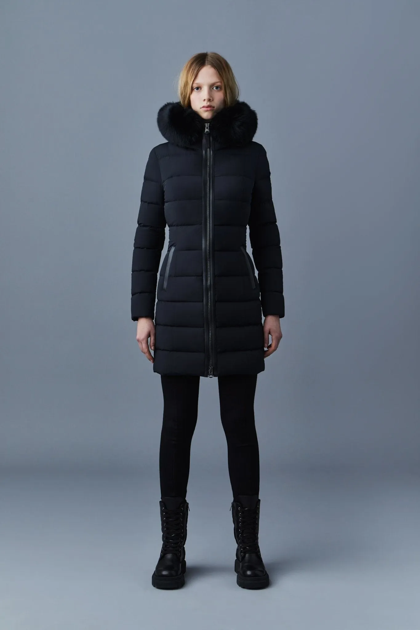 MACKAGE CALLA-BX - Agile-360 Stretch Light Down Coat With Blue Fox Fur Collar