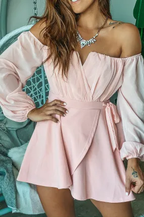 Mauve Off Shoulder Short Dress with Long Sleeves