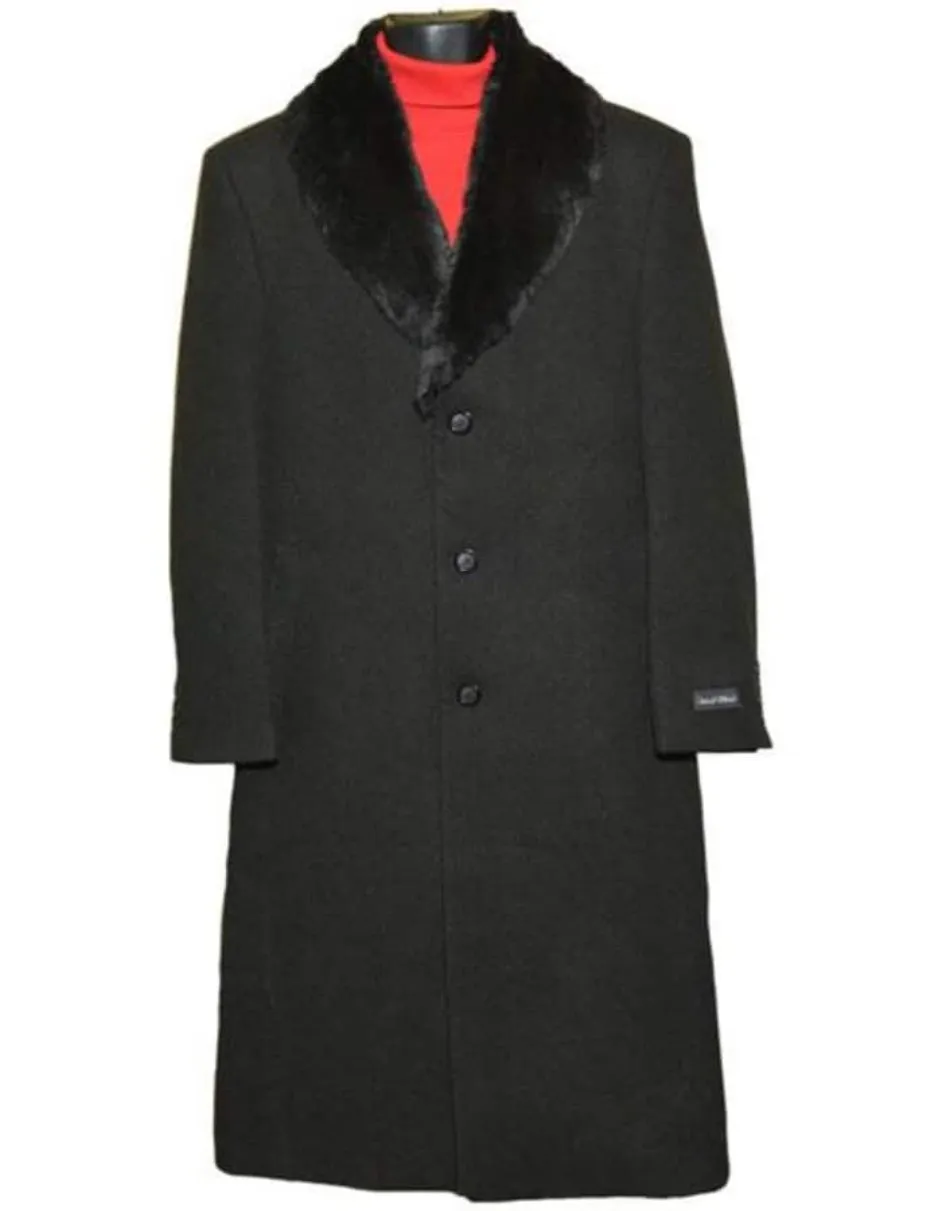 Men's Fur Collar Black 3 Button Wool Ankle length Overcoat