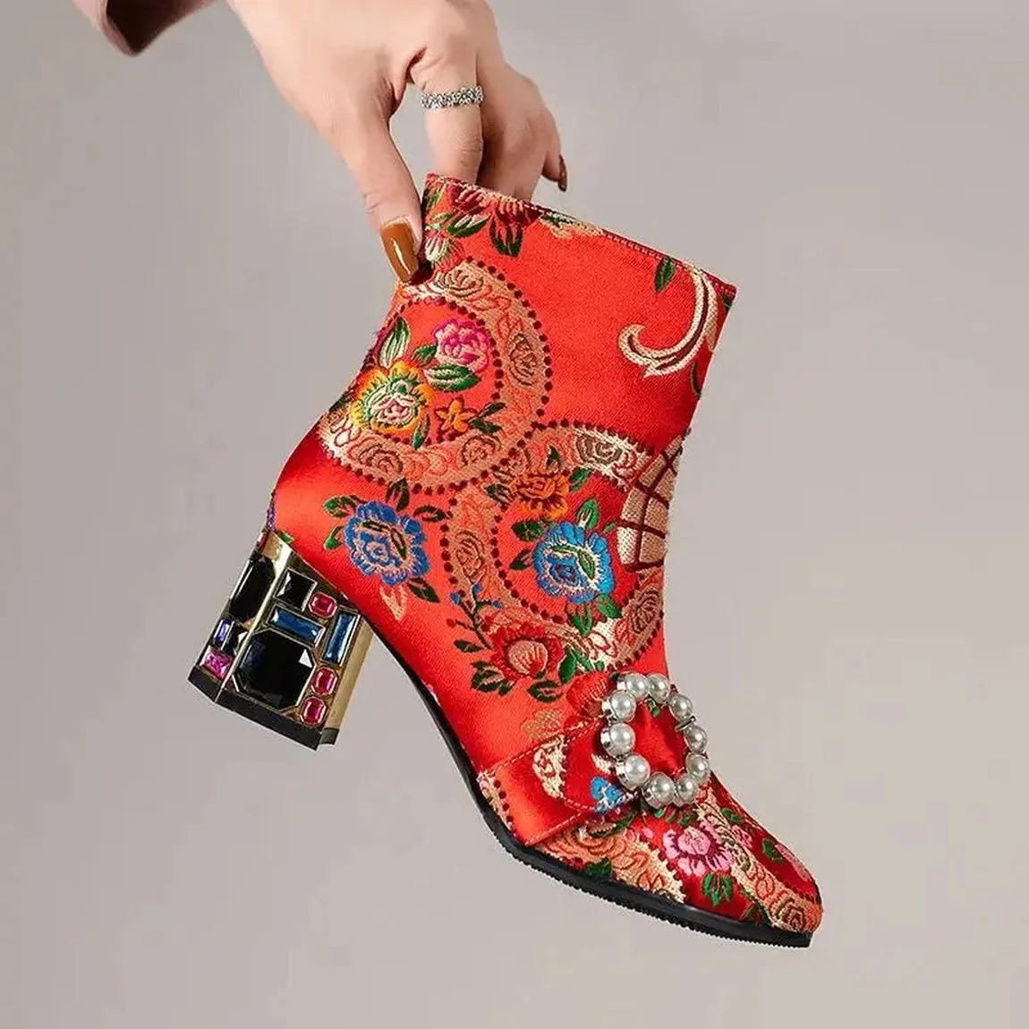 Merendy Soltana Embroidered Floral Ankle Boots