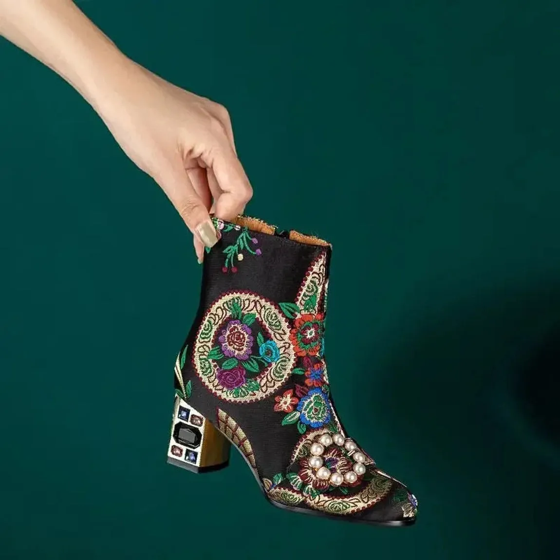 Merendy Soltana Embroidered Floral Ankle Boots