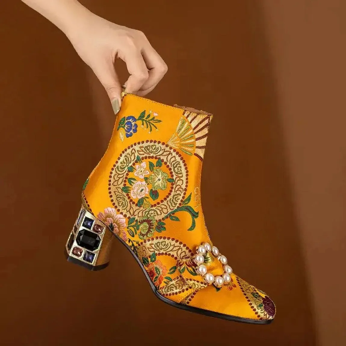 Merendy Soltana Embroidered Floral Ankle Boots