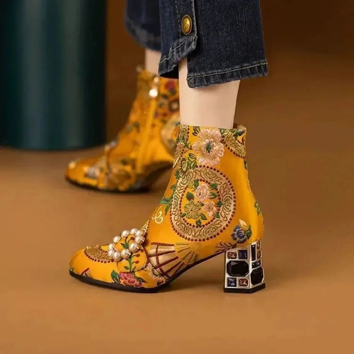 Merendy Soltana Embroidered Floral Ankle Boots