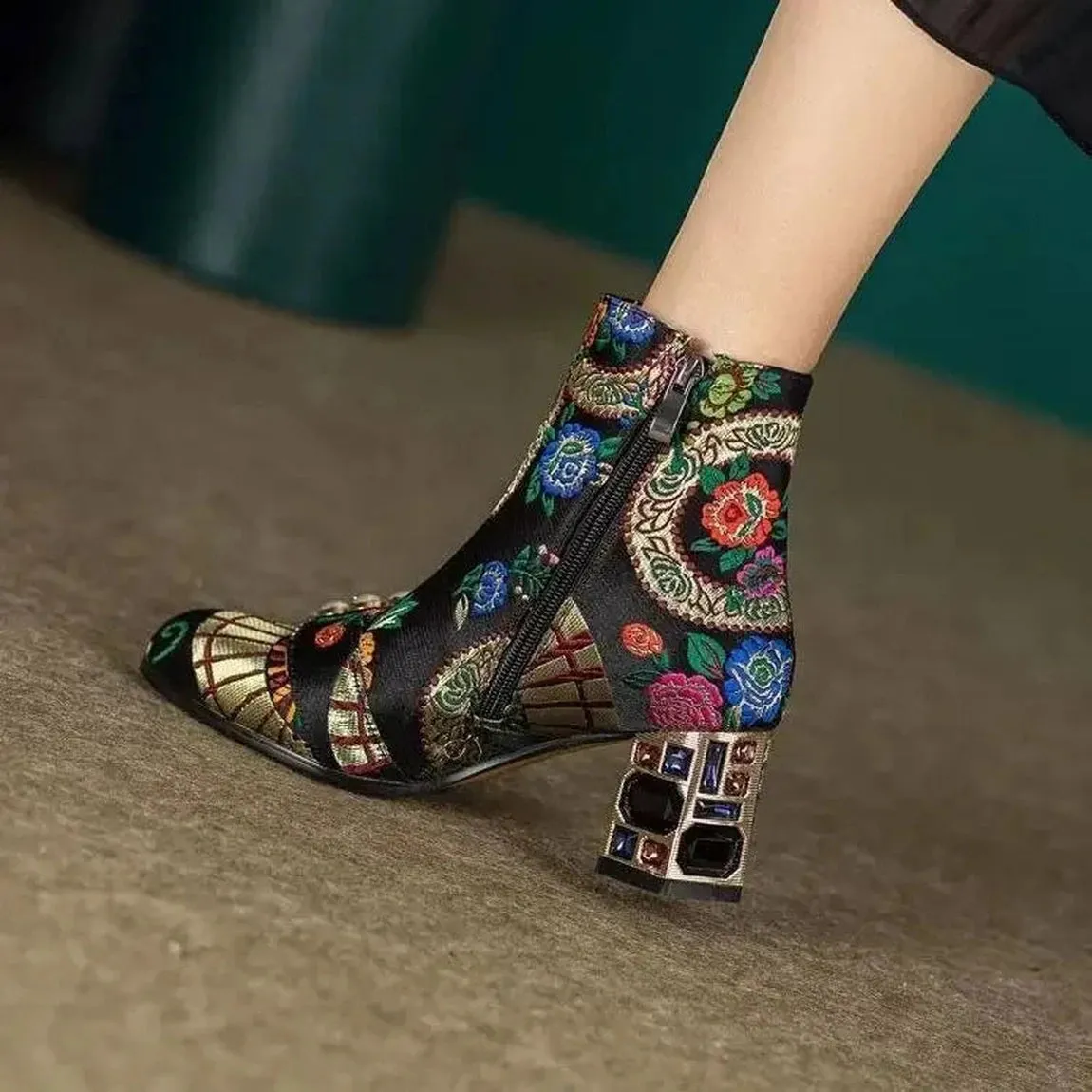 Merendy Soltana Embroidered Floral Ankle Boots