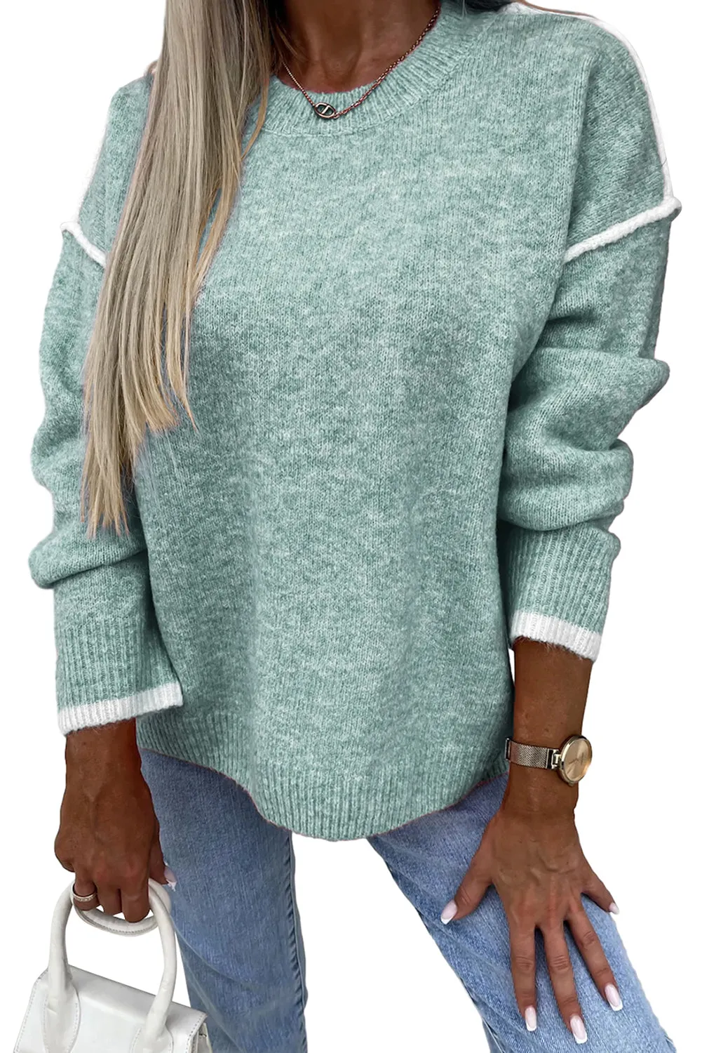 Moonlight Jade Contrast Edge Crewneck Knit Sweater