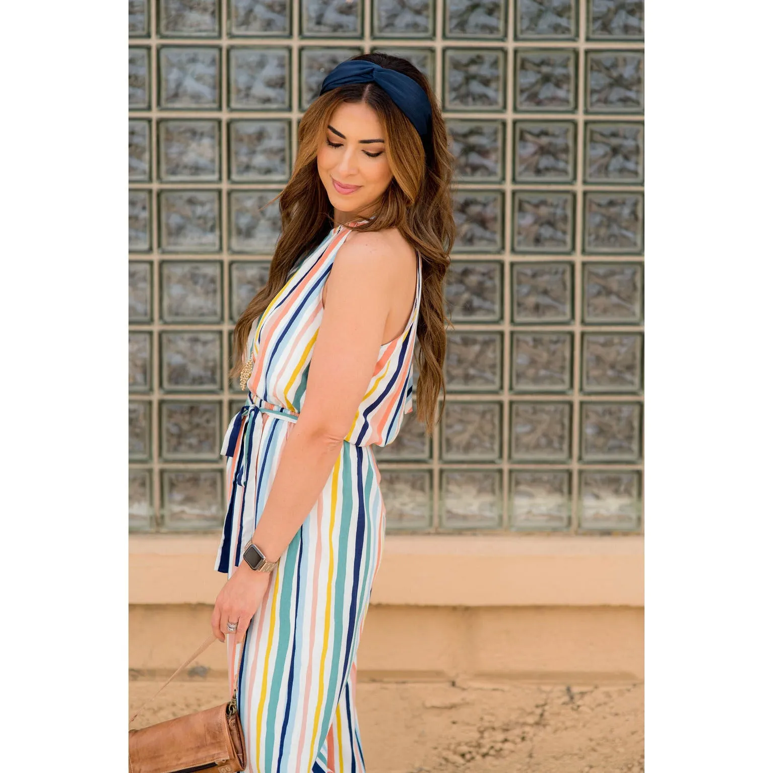 Multi Colored Striped Tie Halter Jumpsuit