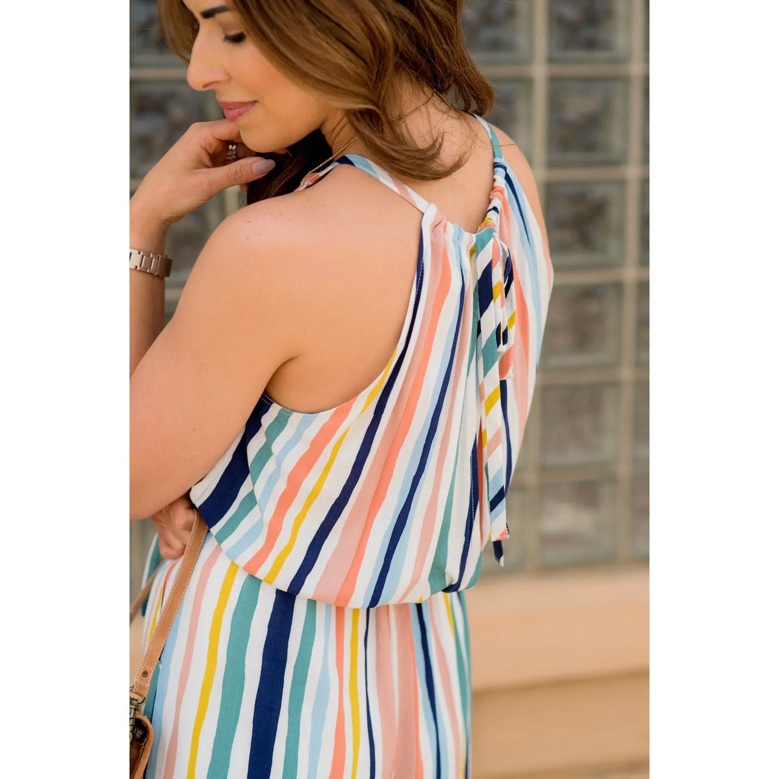 Multi Colored Striped Tie Halter Jumpsuit