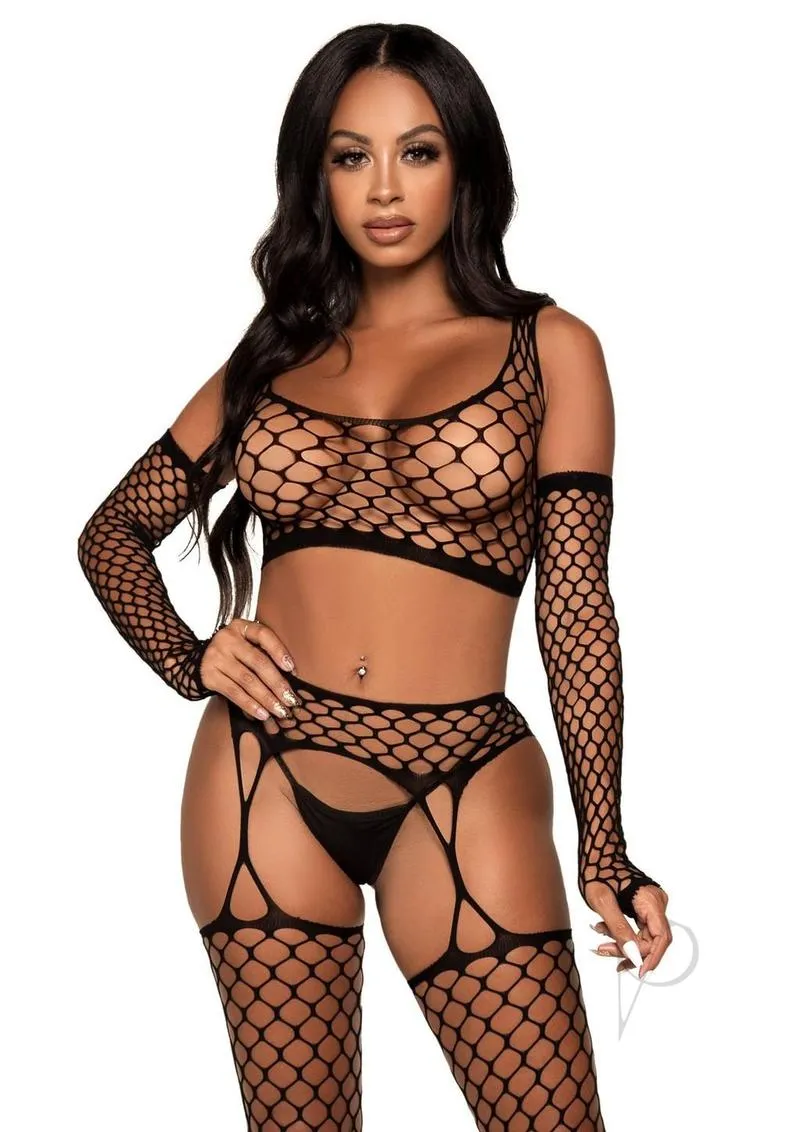 Net Crop Top Stockings Gloves 3pc Os Blk