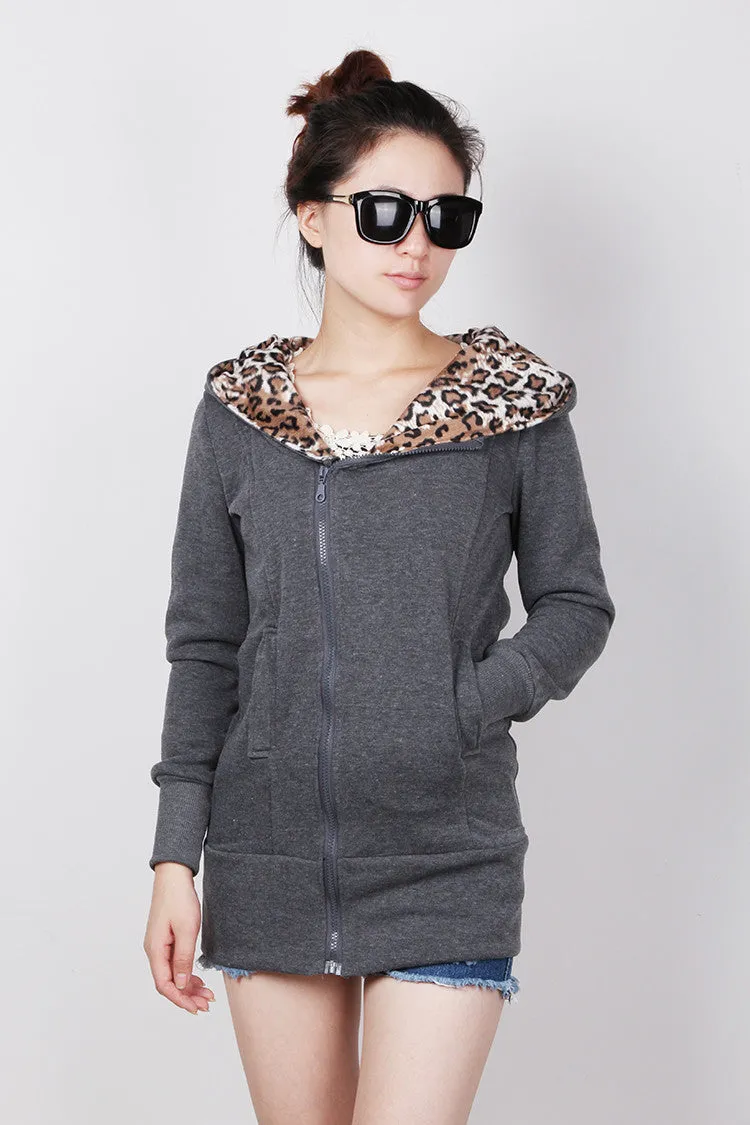 New Women's Long Sleeve Leopard Jacket Coat Warm Sweater Outerwear Casual Zipper Hoodie Sweatshirt