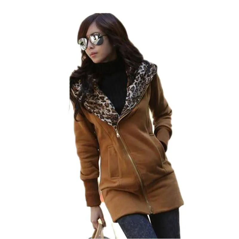 New Women's Long Sleeve Leopard Jacket Coat Warm Sweater Outerwear Casual Zipper Hoodie Sweatshirt