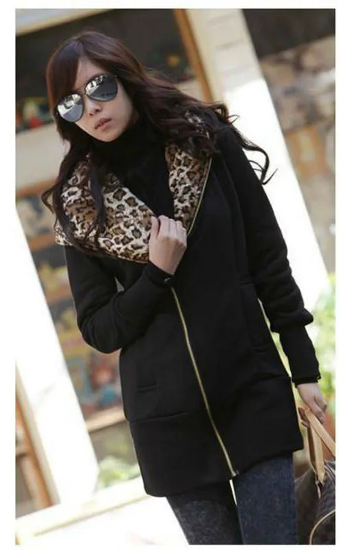 New Women's Long Sleeve Leopard Jacket Coat Warm Sweater Outerwear Casual Zipper Hoodie Sweatshirt