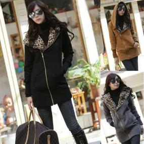 New Women's Long Sleeve Leopard Jacket Coat Warm Sweater Outerwear Casual Zipper Hoodie Sweatshirt