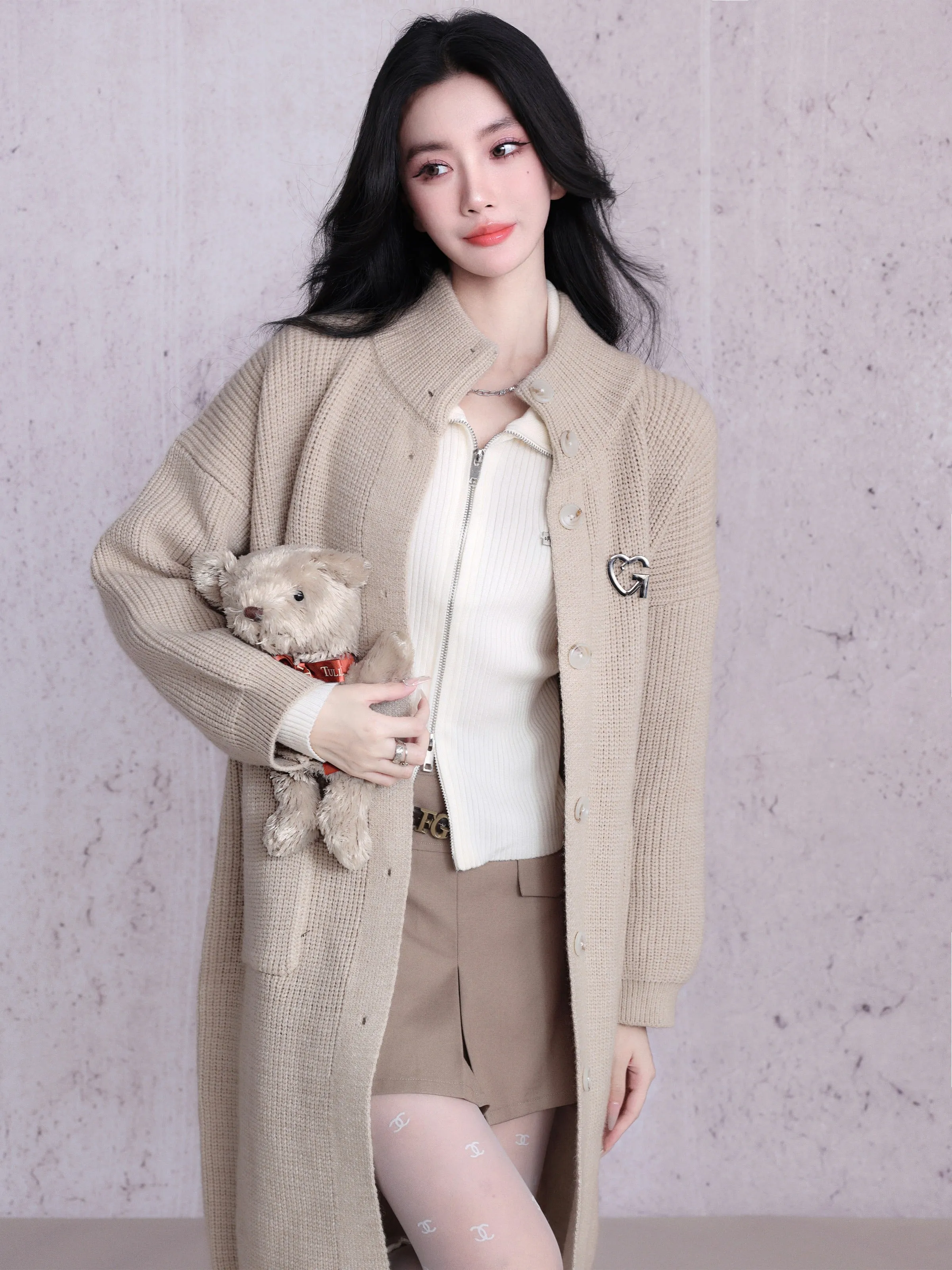 Oversized Ribbed Knit Cardigan Coat - Long Button-Down Sweater in Beige and Black