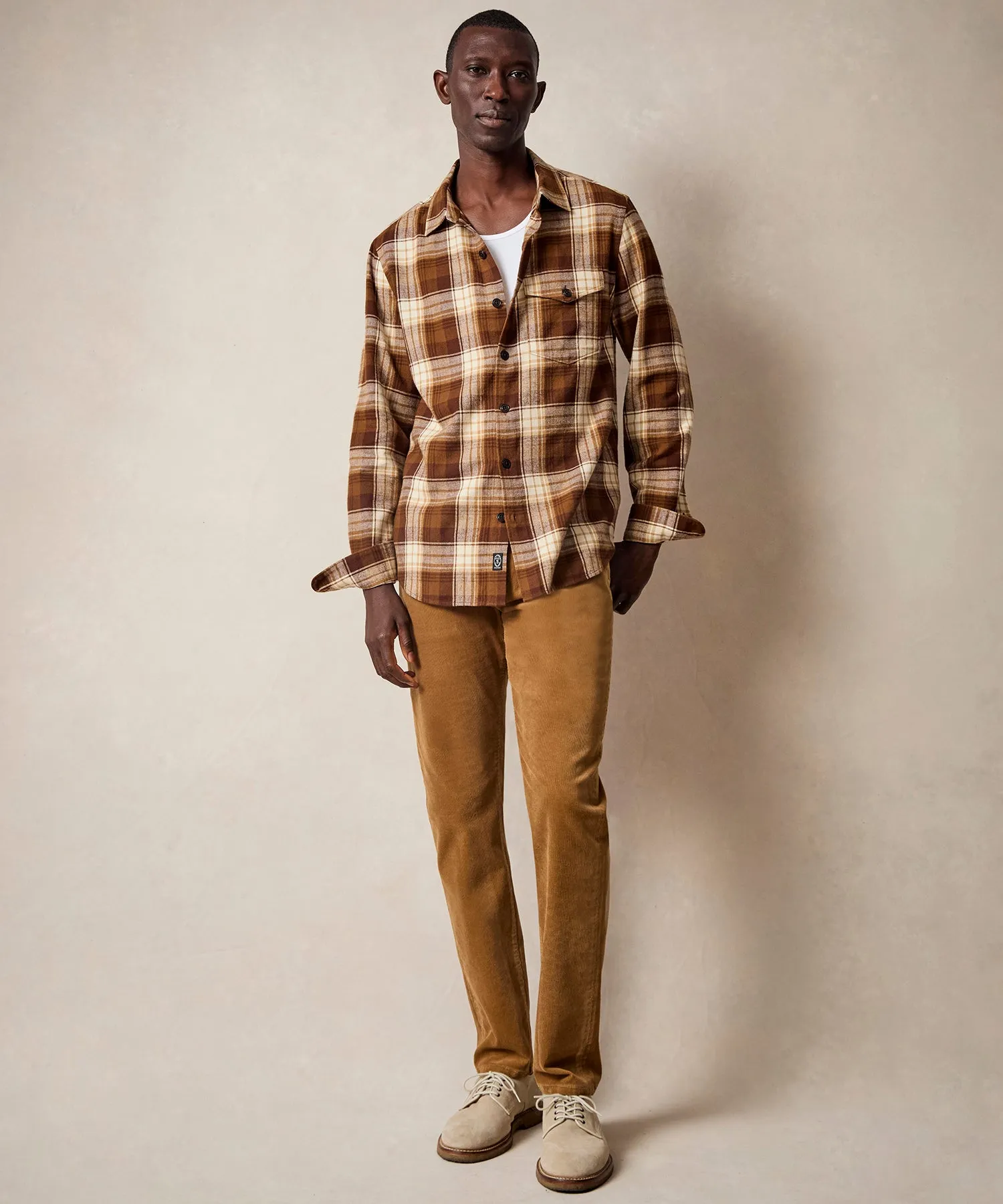 Peached Cotton Lodge Shirt in Brown Plaid