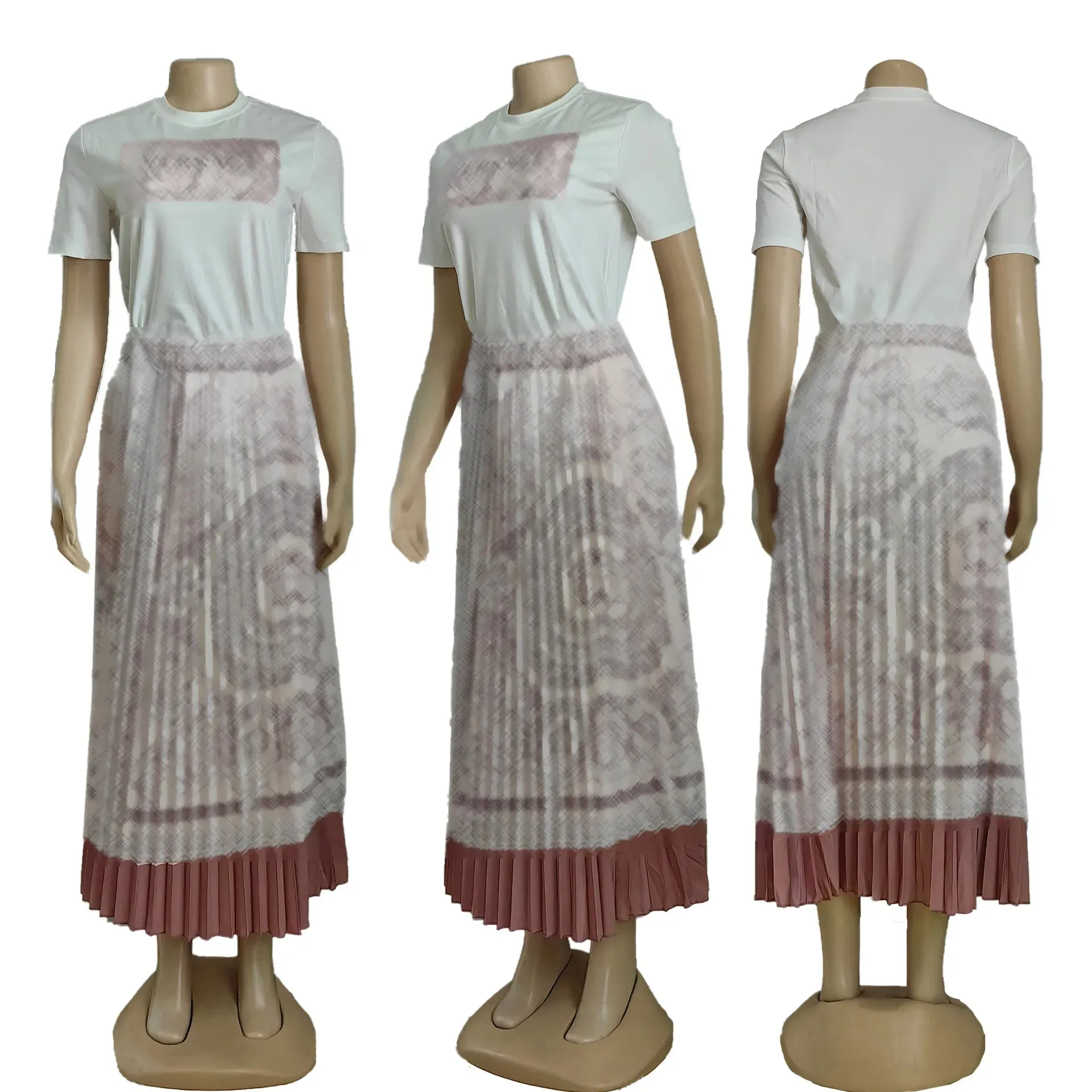 Pleated Two Piece Dress Women Casual T-shirt and Long Skirt Set 2Pcs Outfit Free Ship