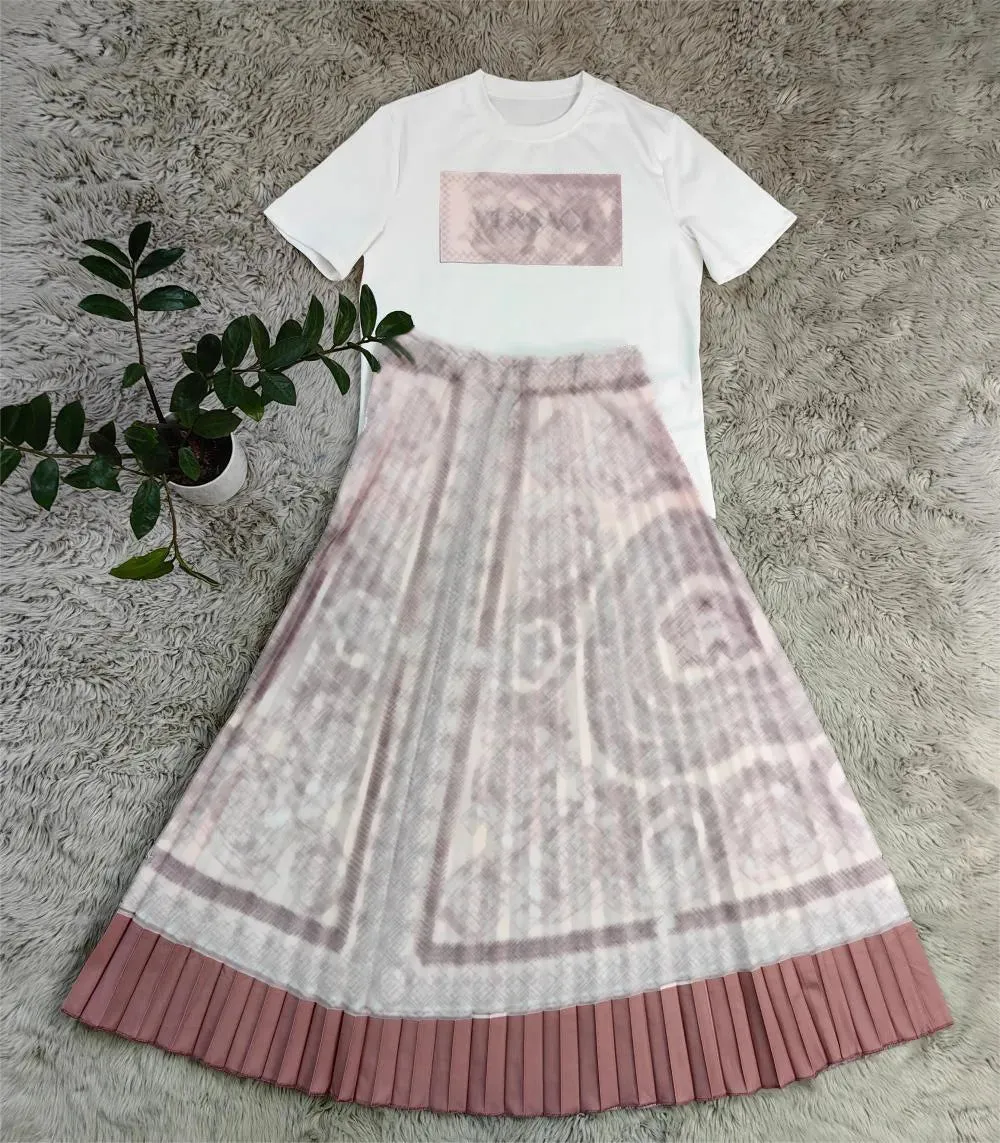 Pleated Two Piece Dress Women Casual T-shirt and Long Skirt Set 2Pcs Outfit Free Ship