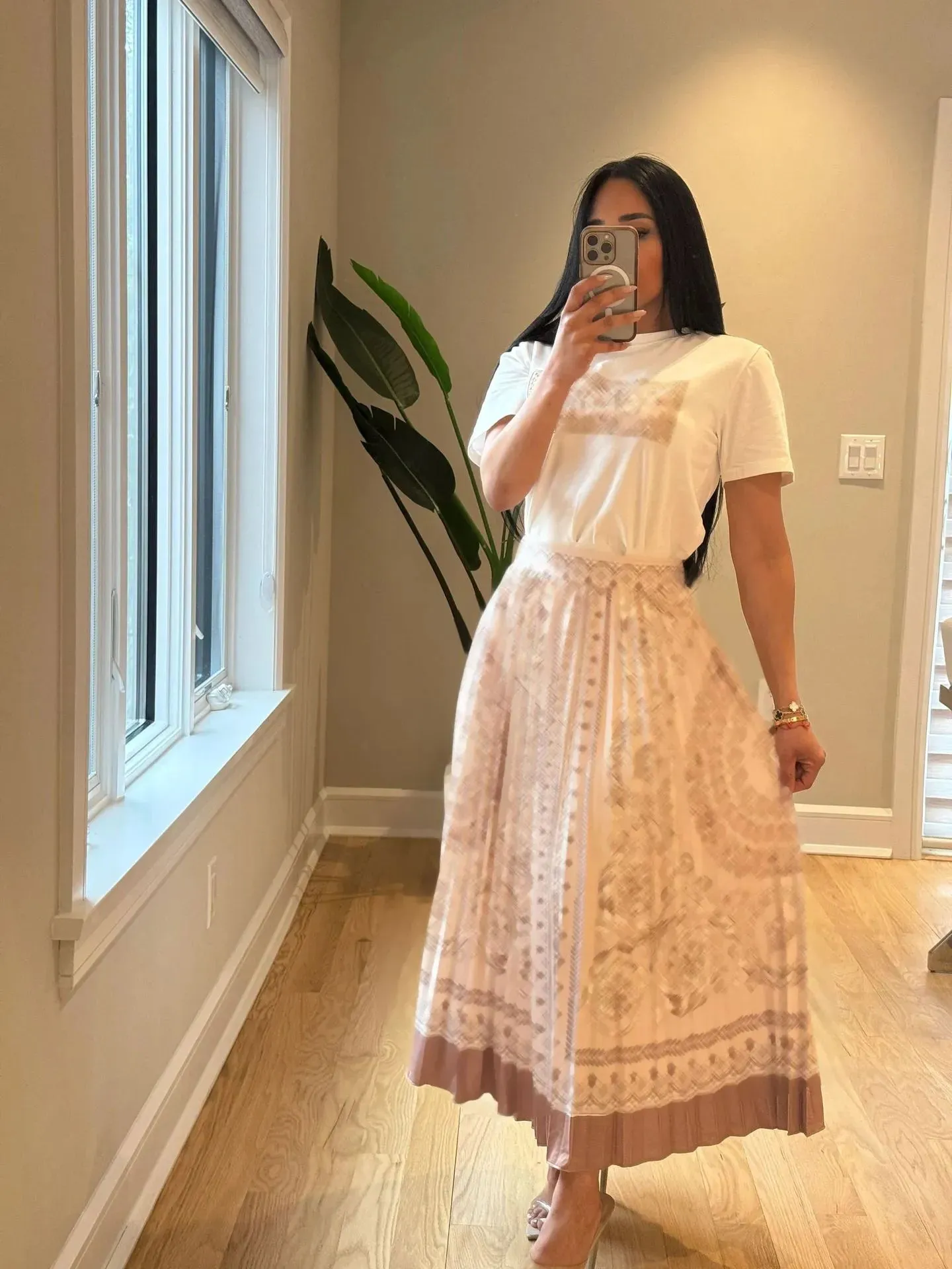 Pleated Two Piece Dress Women Casual T-shirt and Long Skirt Set 2Pcs Outfit Free Ship