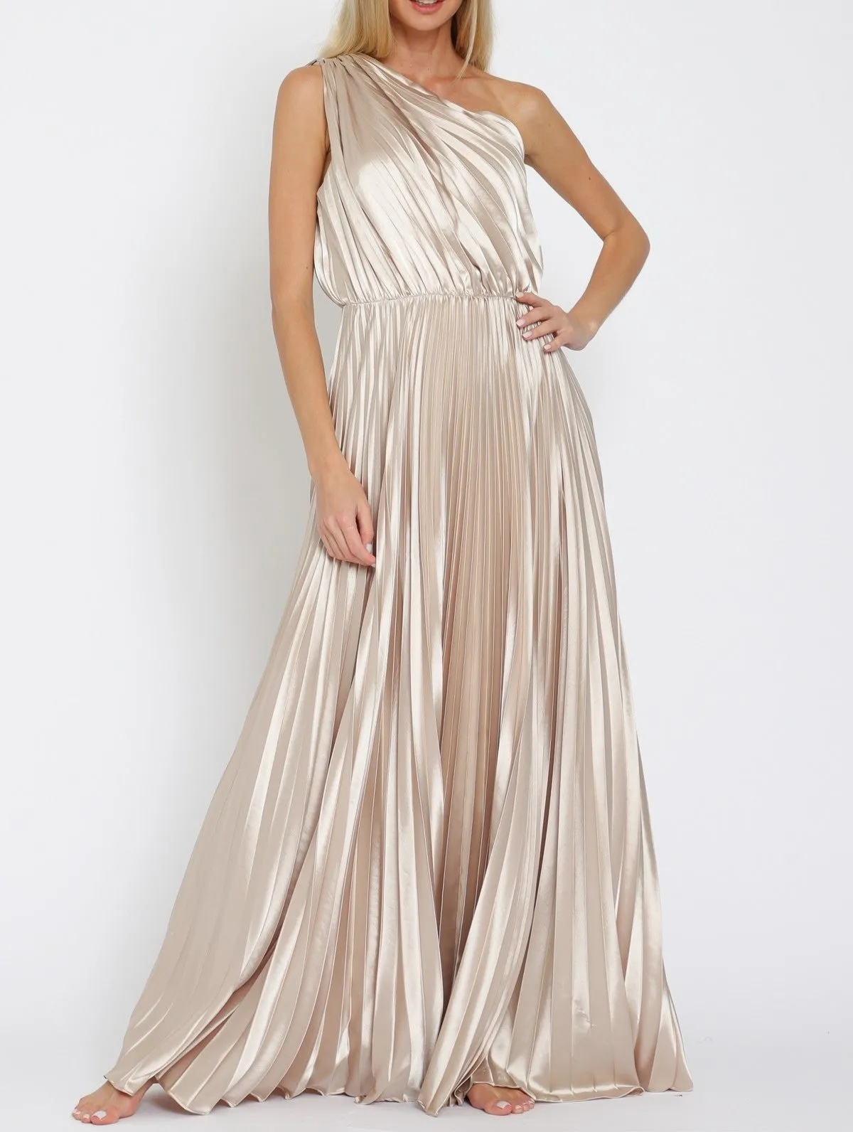 Princess Illusion One Shoulder Pleated Maxi Dress