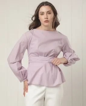 Rareism Women Tulipo Pastel Purple Cotton Fabric Full Sleeves Tie-Up Closure Boat Neck Regular Fit Plain Top