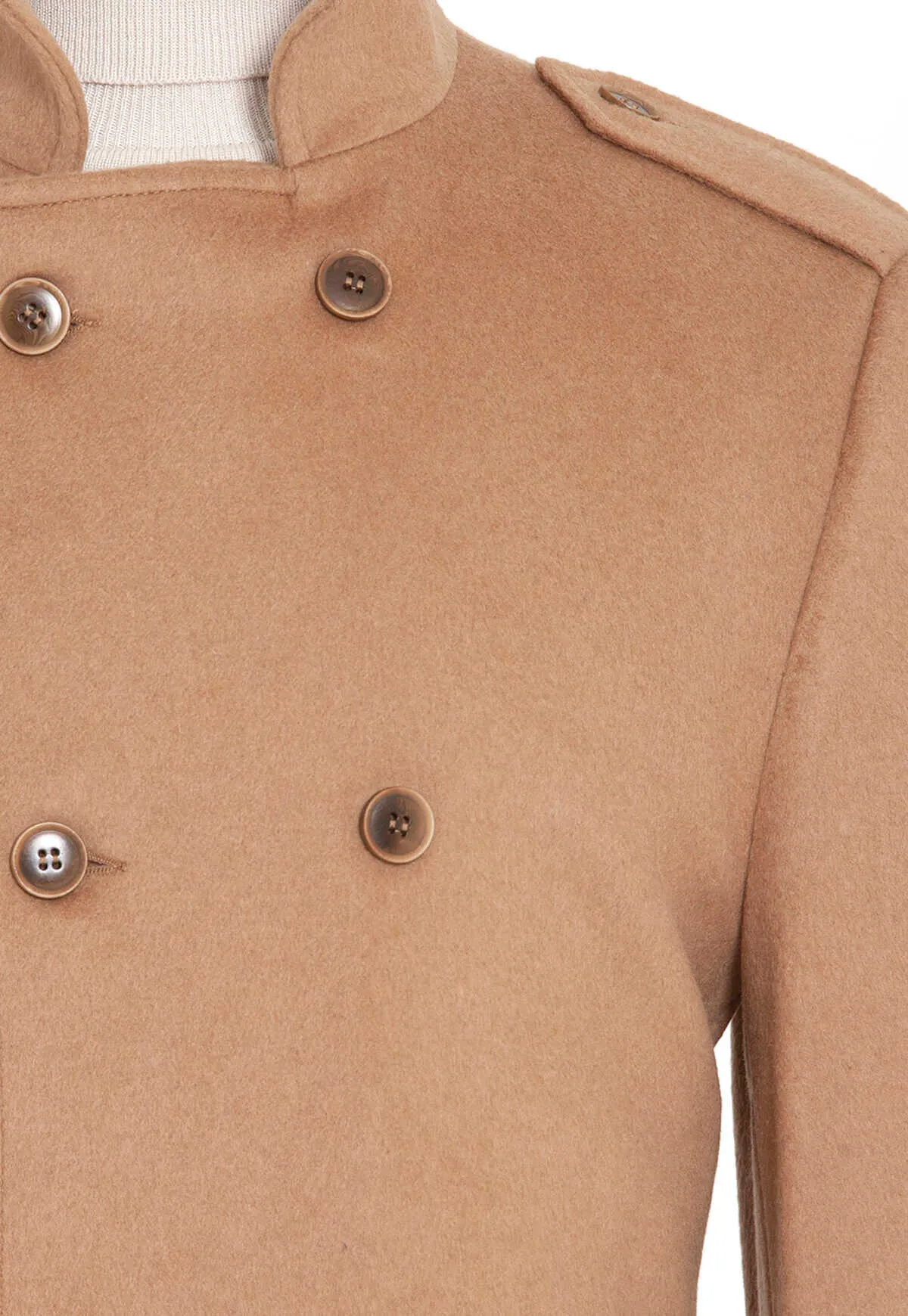 Regular Fit Cachet Double Breasted Wool Blend Camel Overcoat