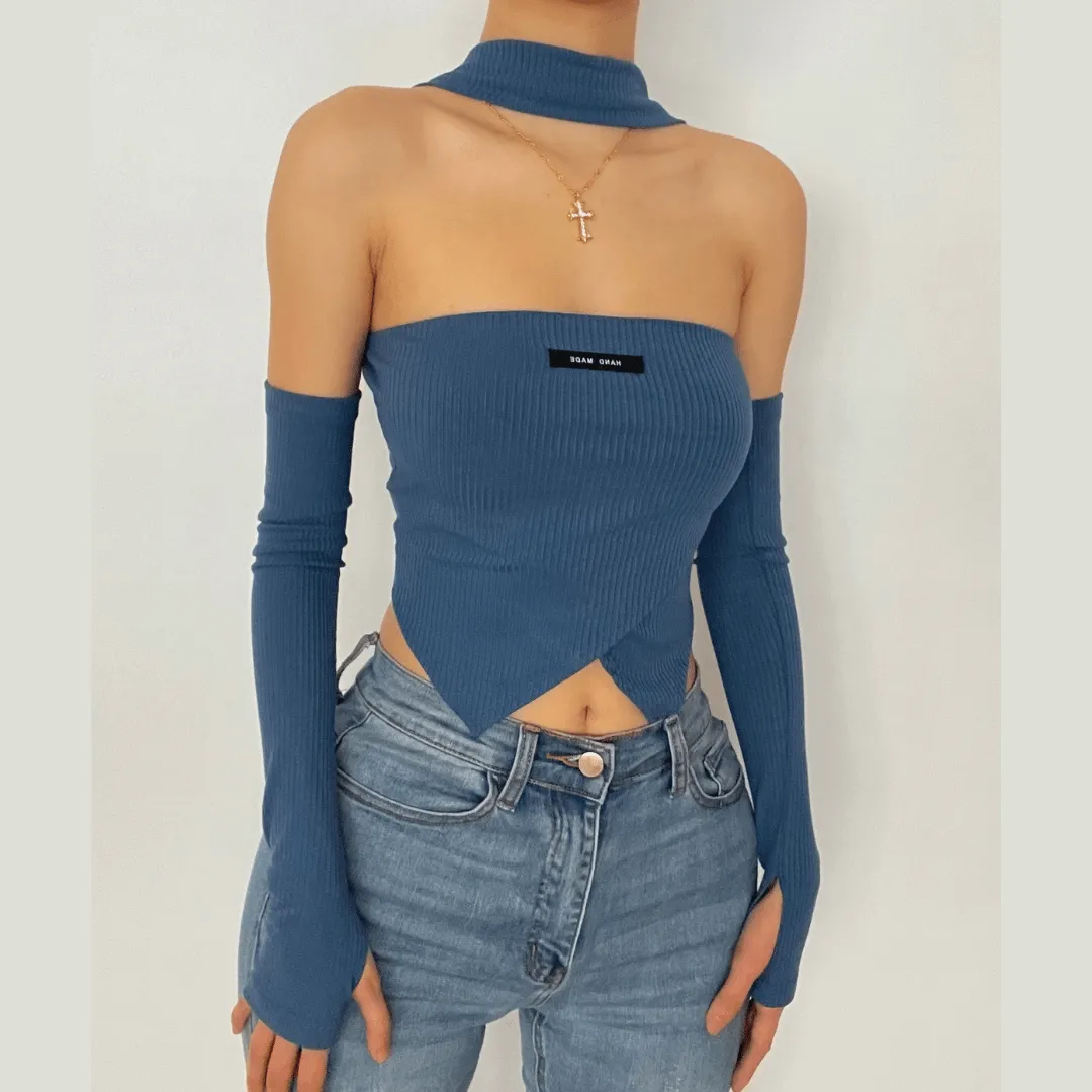 Ribbed halter long sleeve off shoulder gloves crop top