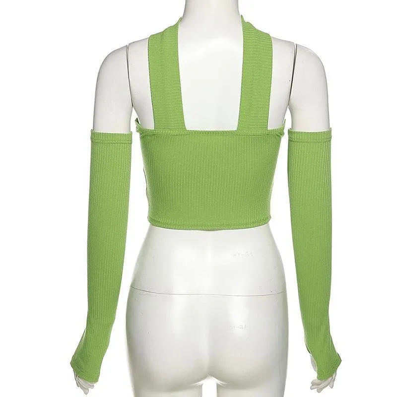 Ribbed halter long sleeve off shoulder gloves crop top