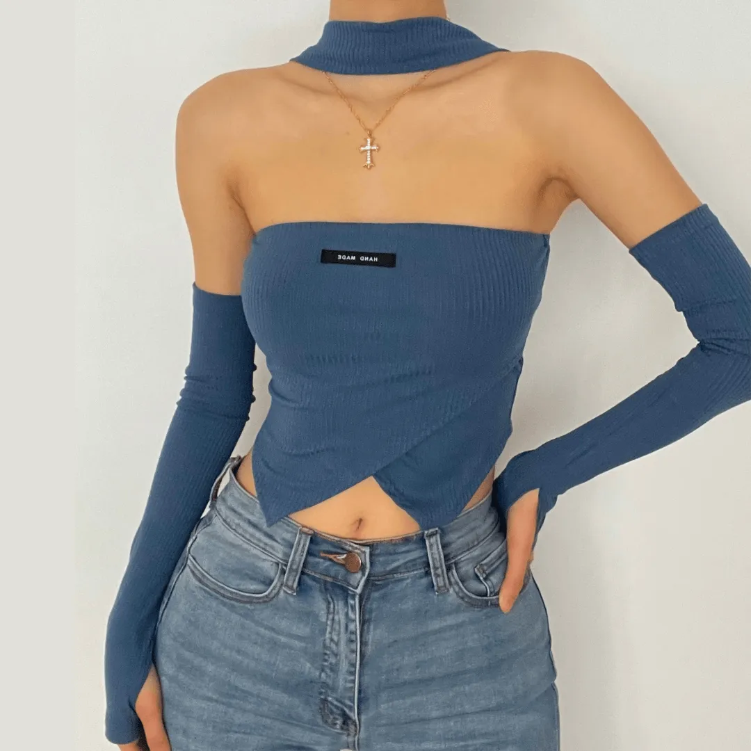 Ribbed halter long sleeve off shoulder gloves crop top