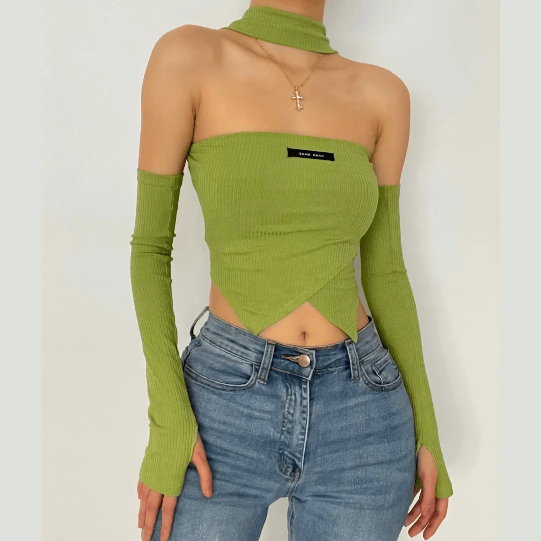 Ribbed halter long sleeve off shoulder gloves crop top