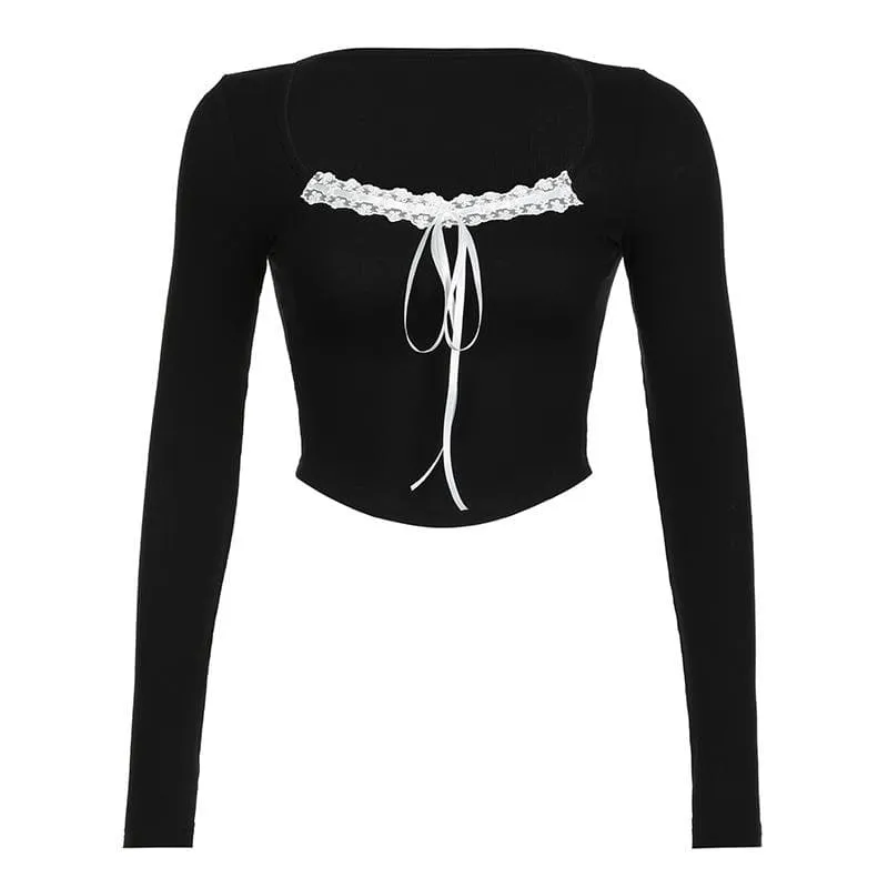 Ribbed lace hem long sleeve contrast square neck gloves crop top