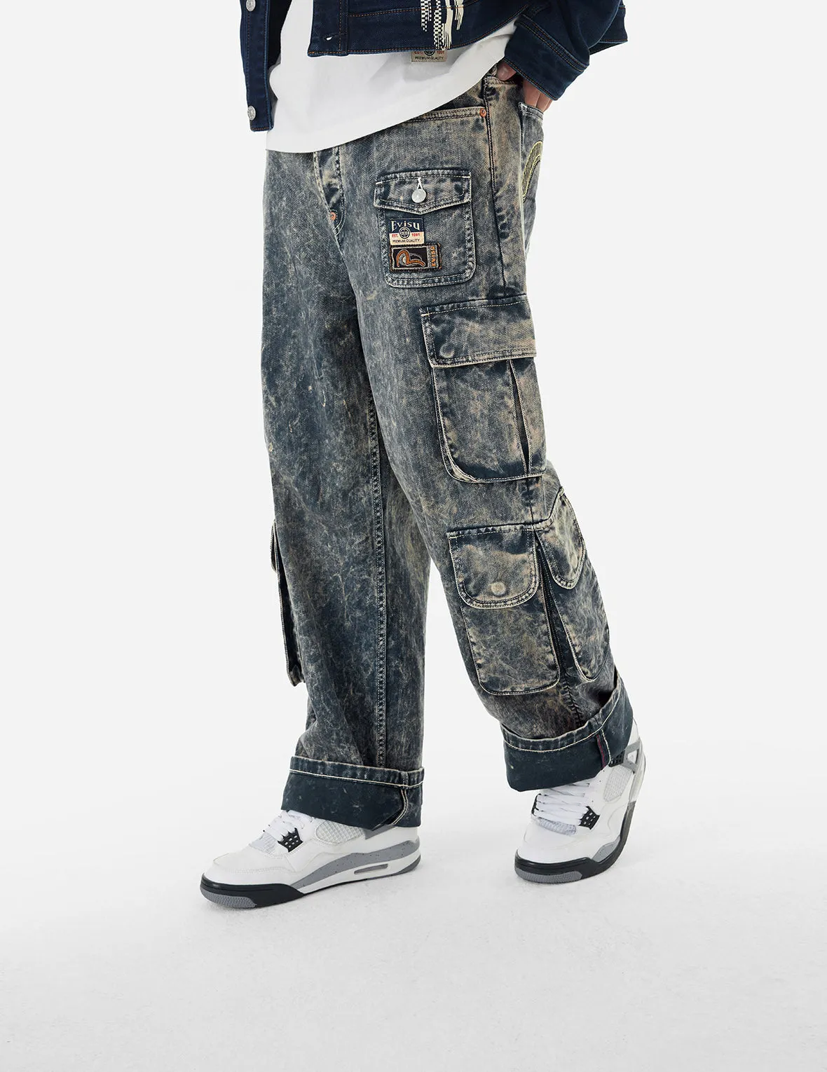 Seagull Print and Multi-Pockets Acid Wash Baggy Cargo Jeans