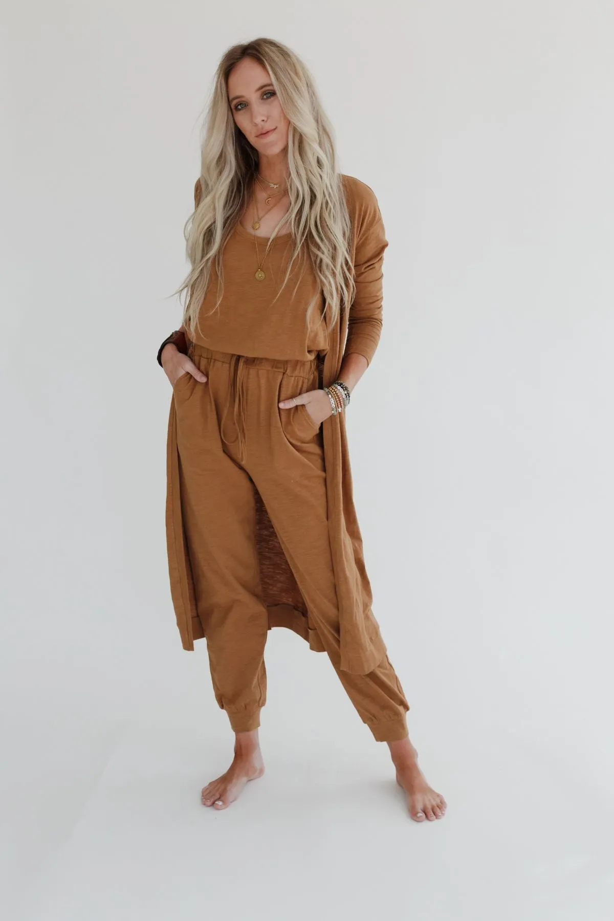 Set to Go Textured Jumpsuit And Cardigan Set - Camel