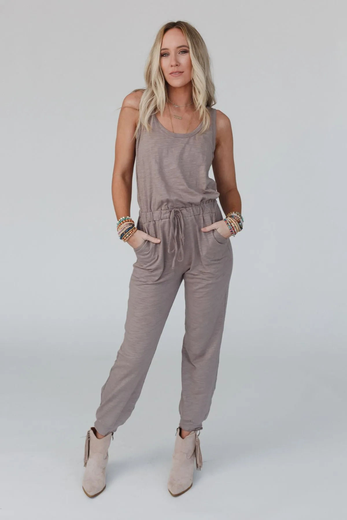 Set to Go Textured Jumpsuit And Cardigan Set - Mocha