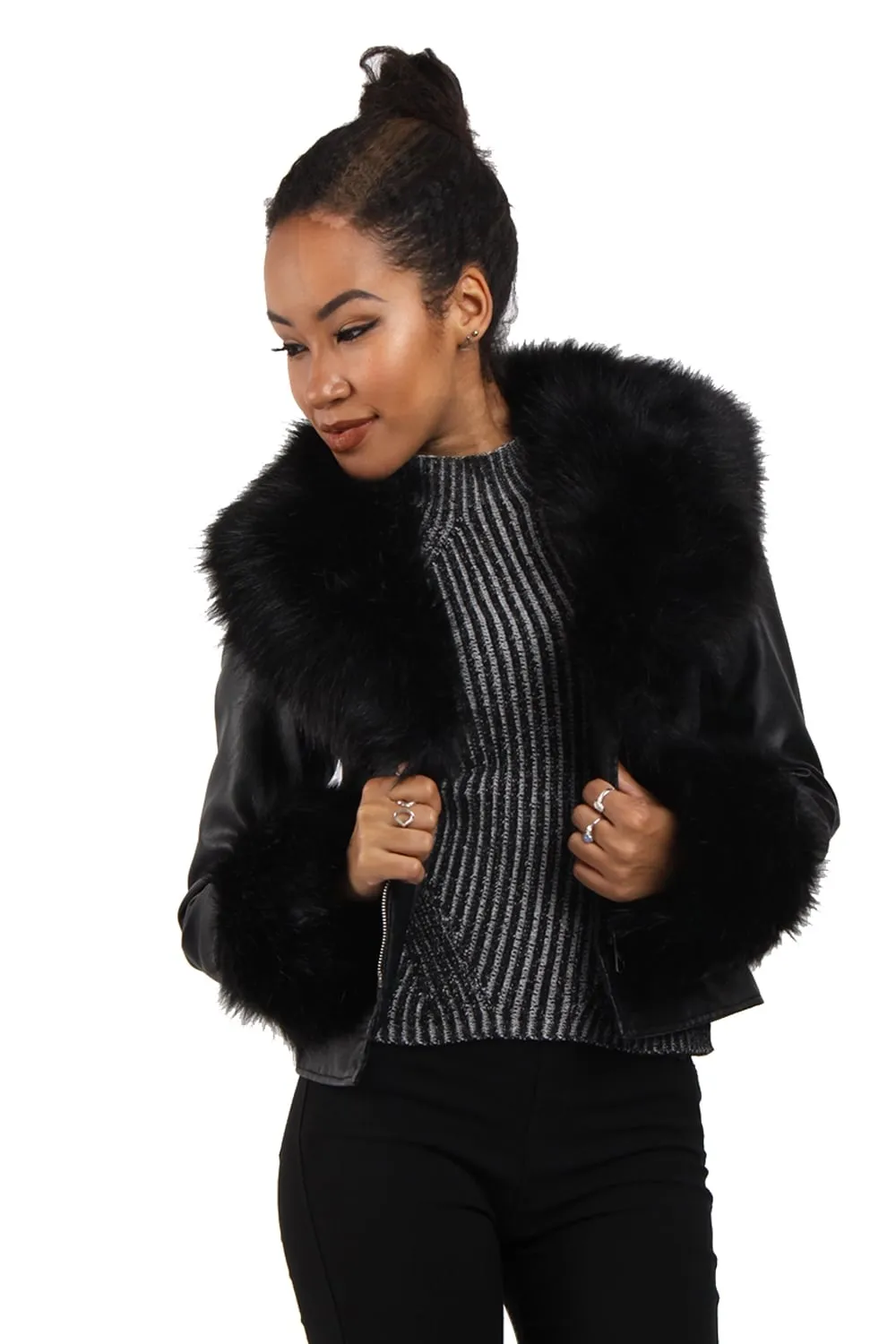 Short Faux Fur Trim Biker Leather Coat