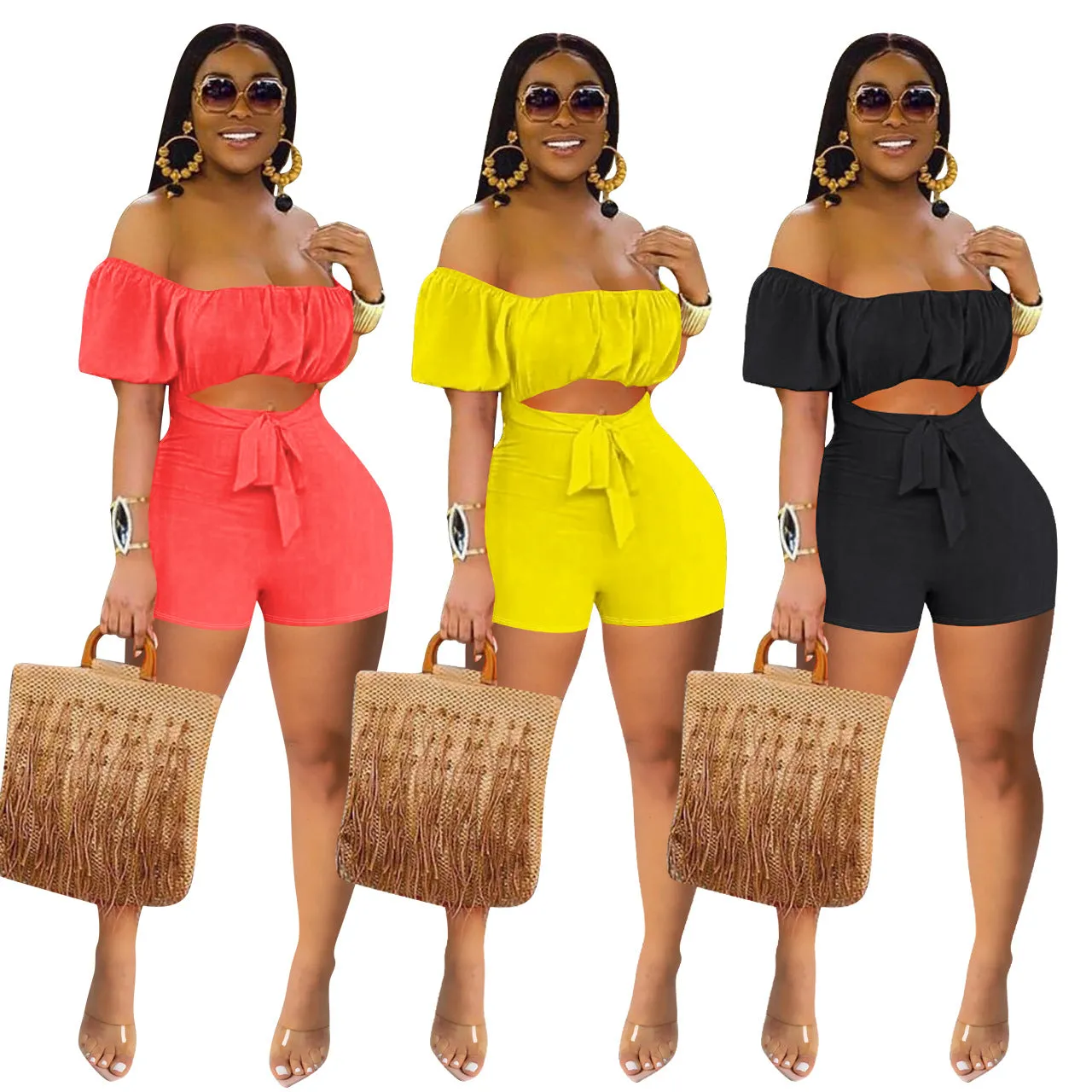 Shoulder ruffle crop short jumpsuit