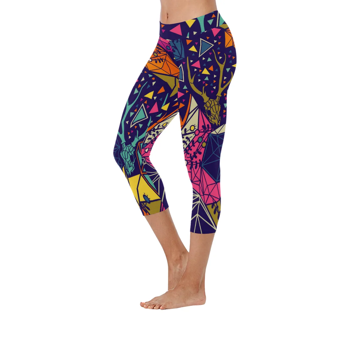 Skull with Floral and Polygonal Ornament Women's Low Rise Capri Leggings (Invisible Stitch)