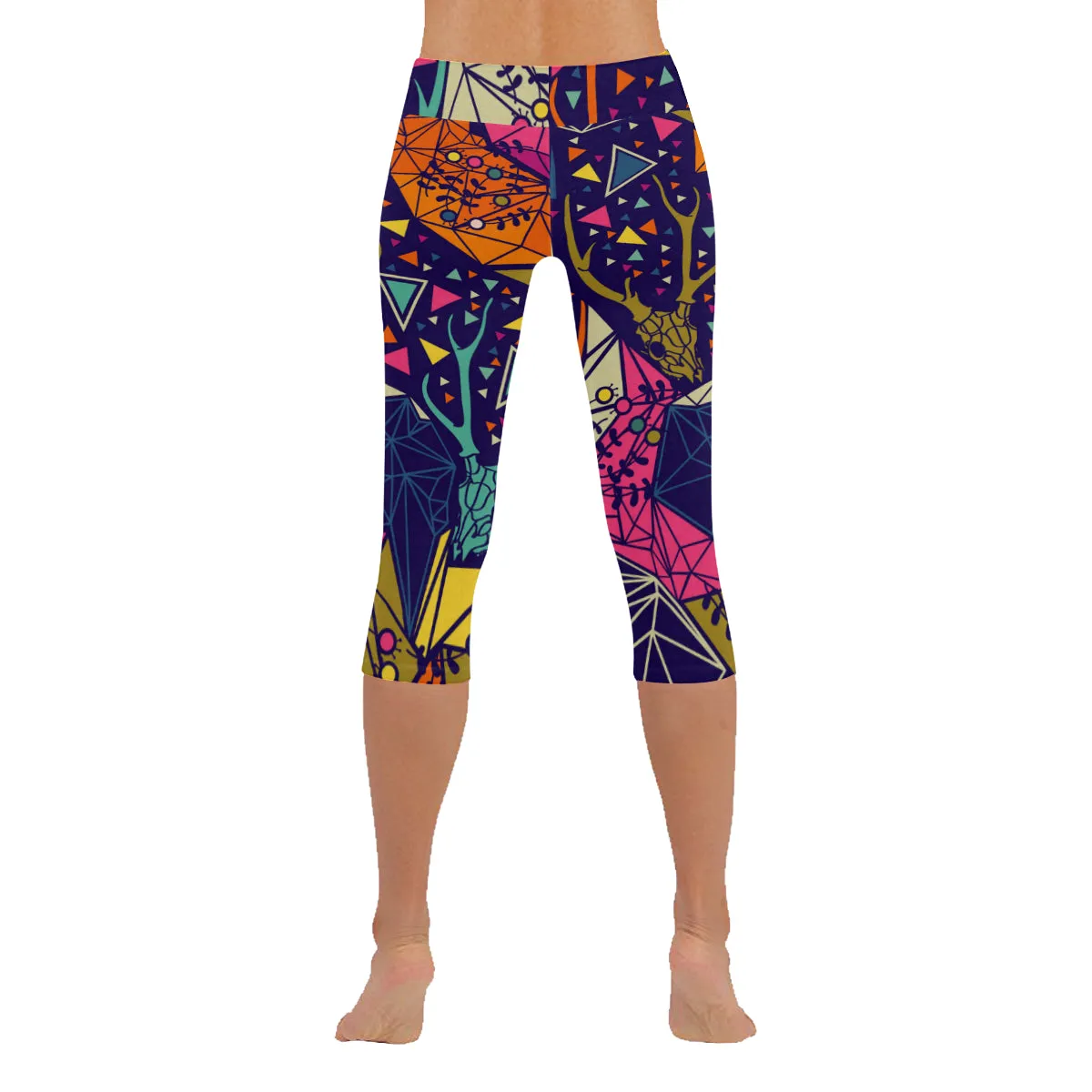 Skull with Floral and Polygonal Ornament Women's Low Rise Capri Leggings (Invisible Stitch)