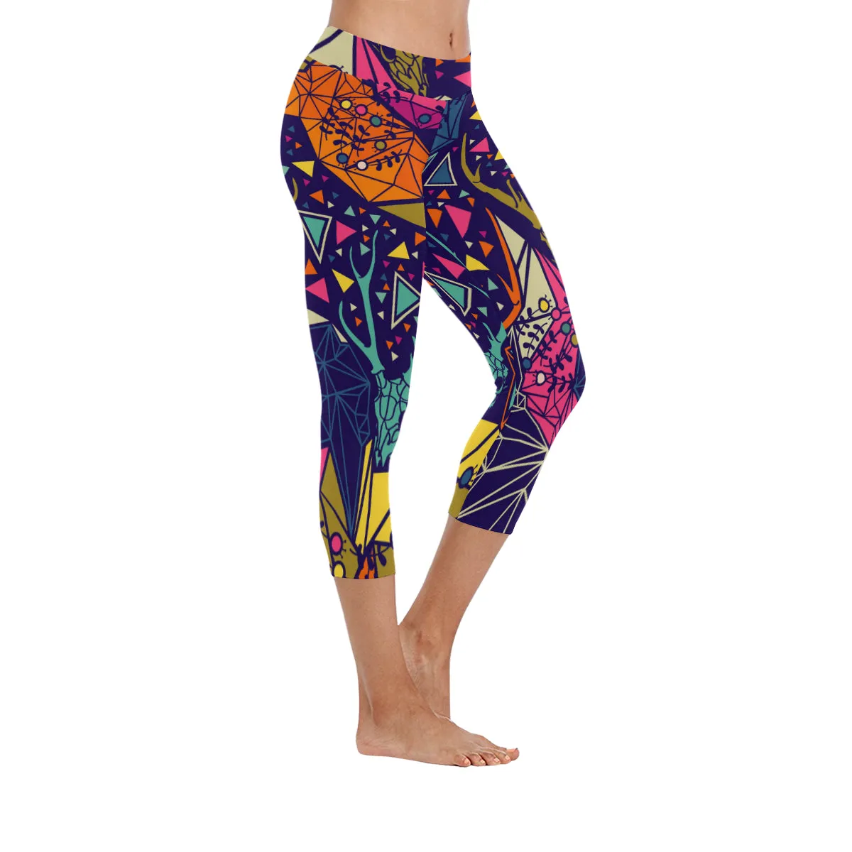 Skull with Floral and Polygonal Ornament Women's Low Rise Capri Leggings (Invisible Stitch)