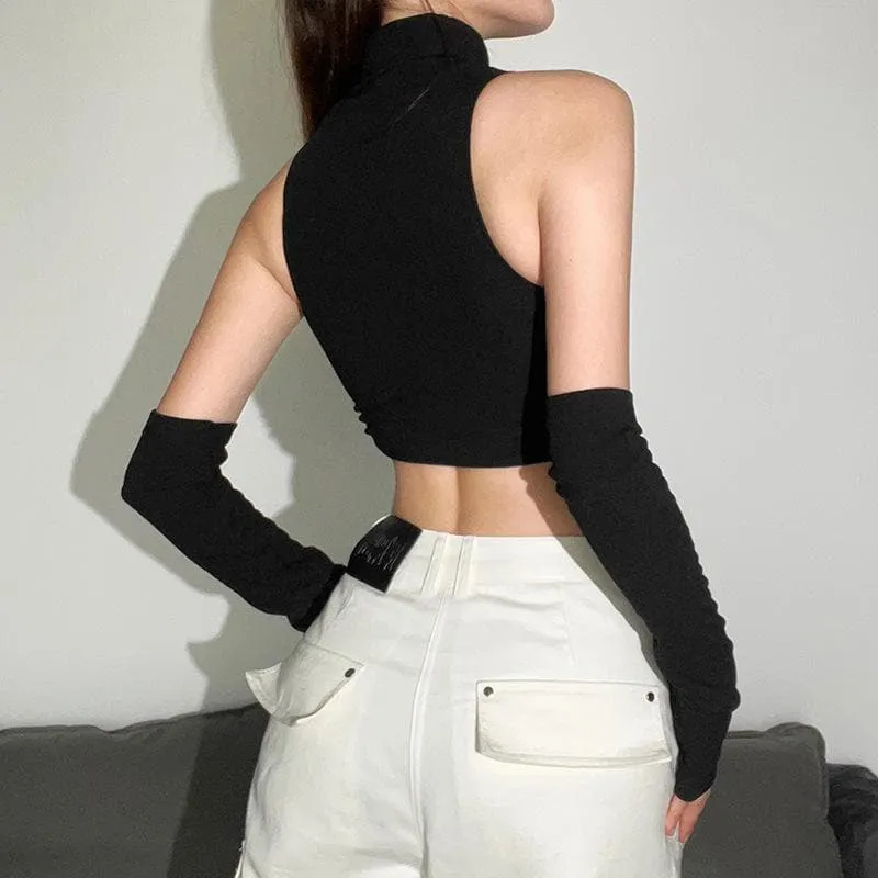 Sleeveless high neck hollow out solid gloves crop cut out top