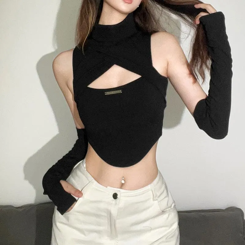 Sleeveless high neck hollow out solid gloves crop cut out top